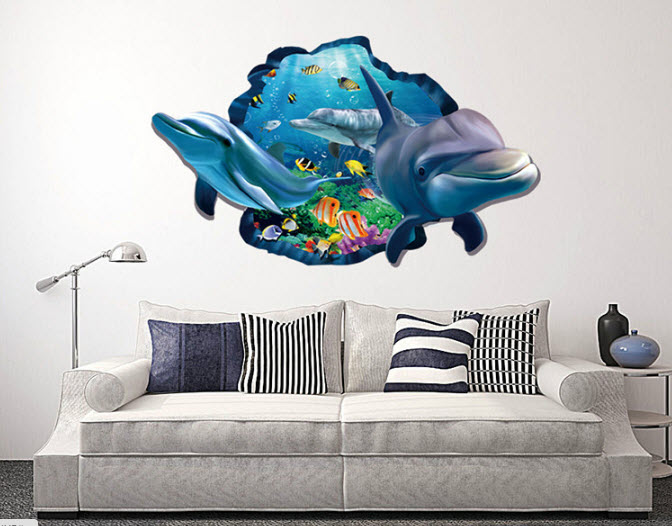 Decal dán tường cá heo tạo cảm giác 3D